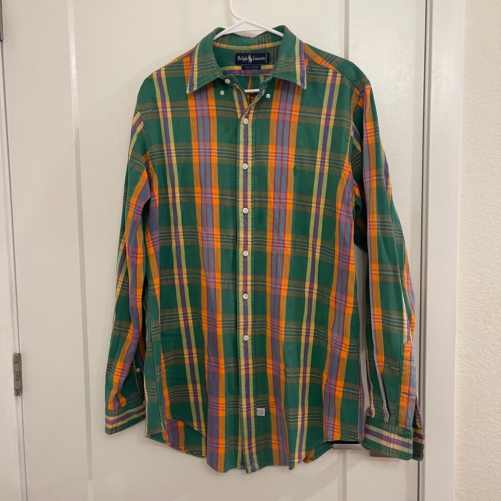 Vintage Ralph Lauren 90s Cotton Thick Button Up Shirt Green Tartan Plaid